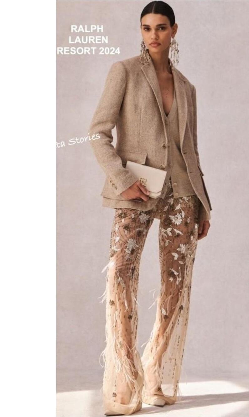 Ralph Lauren Purple Label Sheer Pants Sequin Feathers High Rise Womens XL